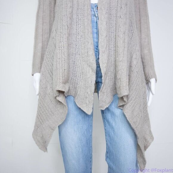 Cynthia Rowley wool blend open front shark bite hem light brown cardigan, L - Picture 5 of 15